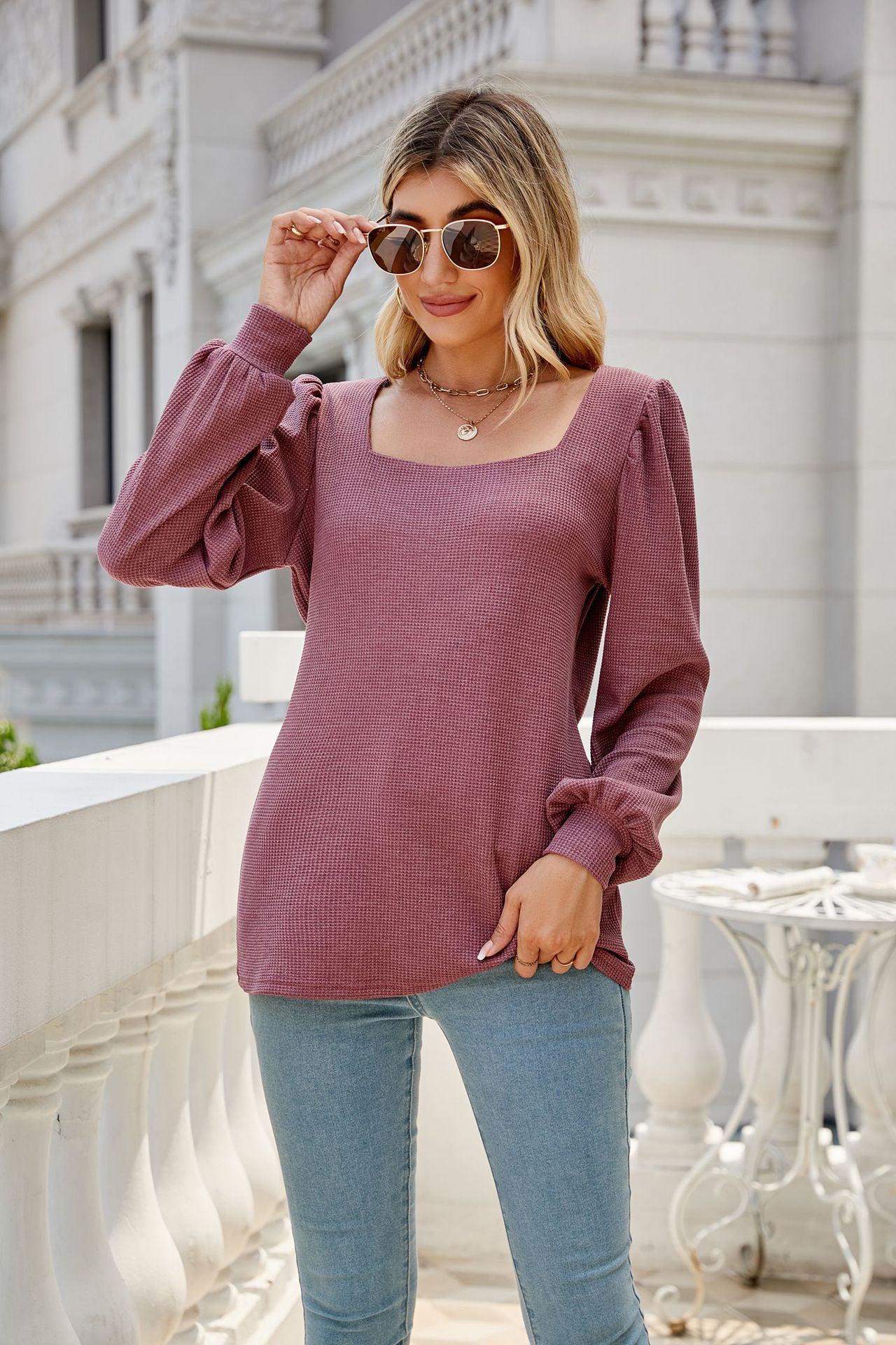 Waffle-Knit Puff Sleeve Square Neck Top BLUE ZONE PLANET
