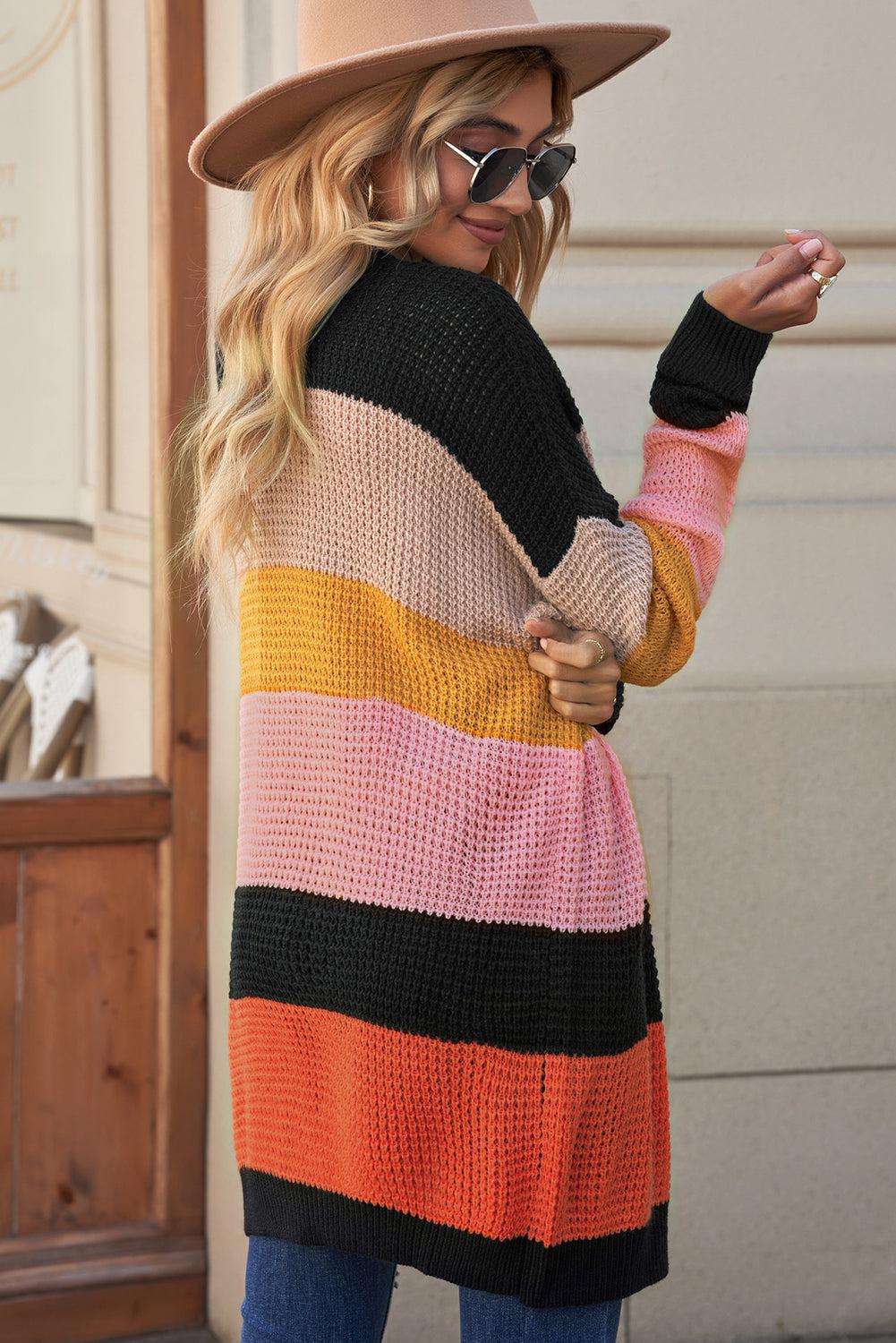 Waffle Knit Striped Open Front Cardigan-TOPS / DRESSES-[Adult]-[Female]-Blue Zone Planet