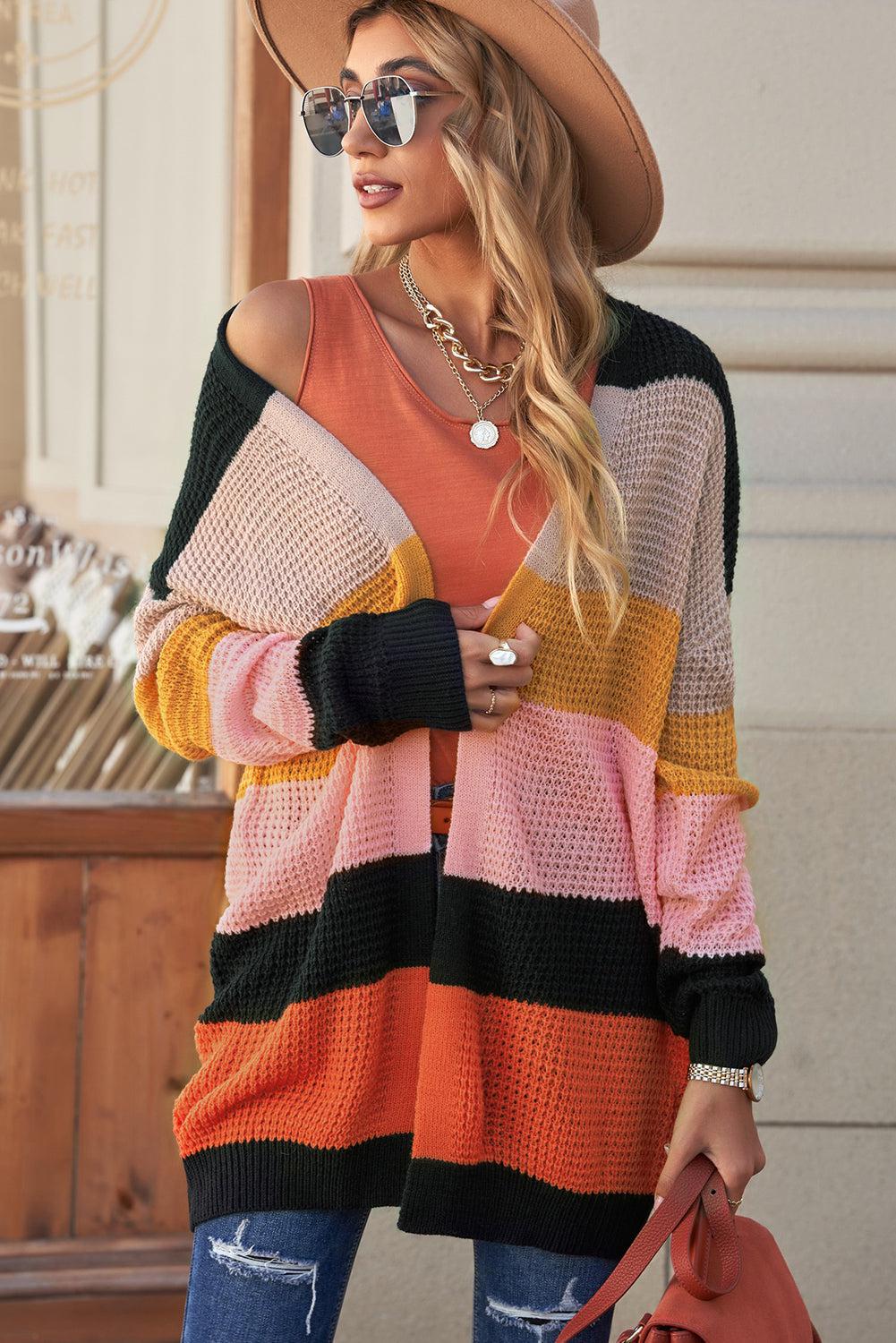 Waffle Knit Striped Open Front Cardigan-TOPS / DRESSES-[Adult]-[Female]-Multicolor-S-Blue Zone Planet