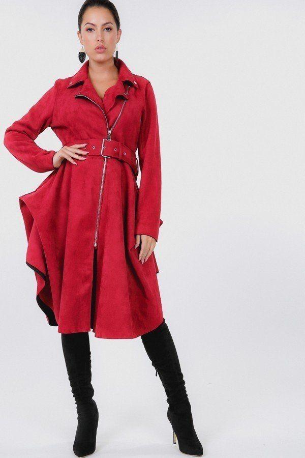 Waist Belt Tacked Faux Suede Coat-TOPS / DRESSES-[Adult]-[Female]-Blue Zone Planet