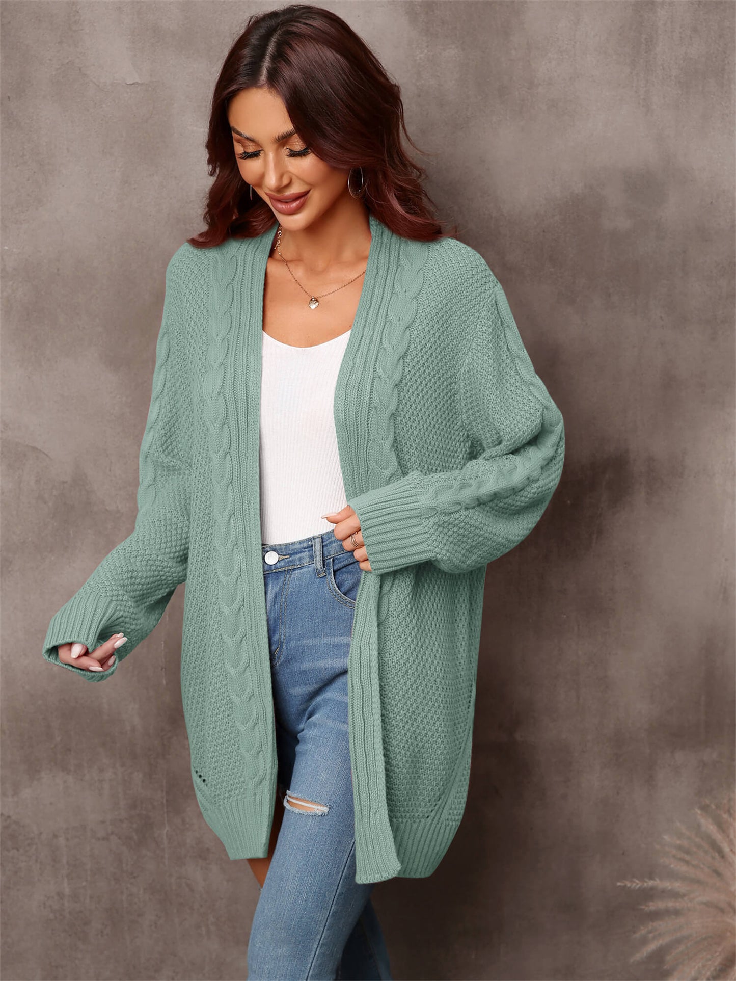 Warm Fall Mixed Knit Open Front Longline Cardigan BLUE ZONE PLANET