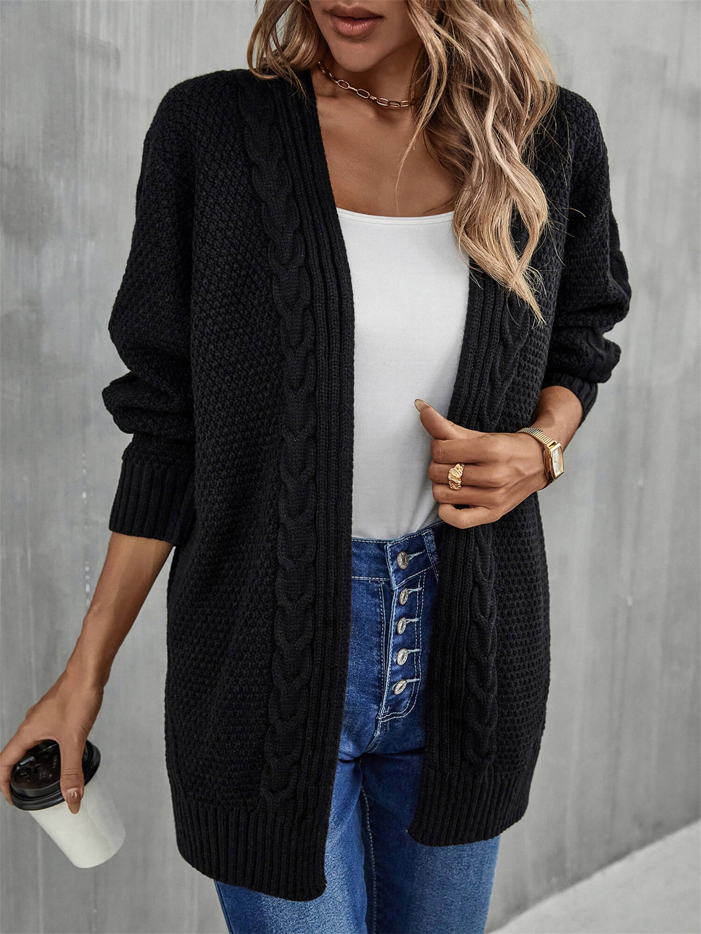 Warm Fall Mixed Knit Open Front Longline Cardigan BLUE ZONE PLANET