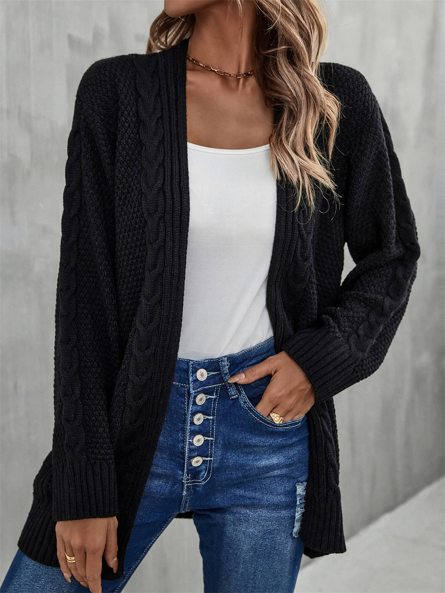 Warm Fall Mixed Knit Open Front Longline Cardigan-TOPS / DRESSES-[Adult]-[Female]-Black-S-Blue Zone Planet