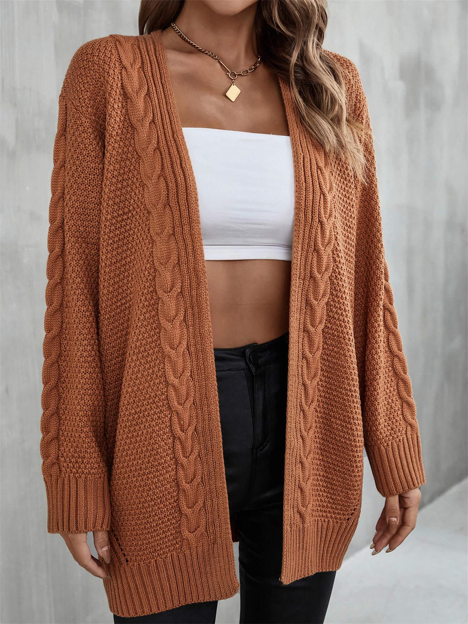 Warm Fall Mixed Knit Open Front Longline Cardigan-TOPS / DRESSES-[Adult]-[Female]-Brown-S-Blue Zone Planet