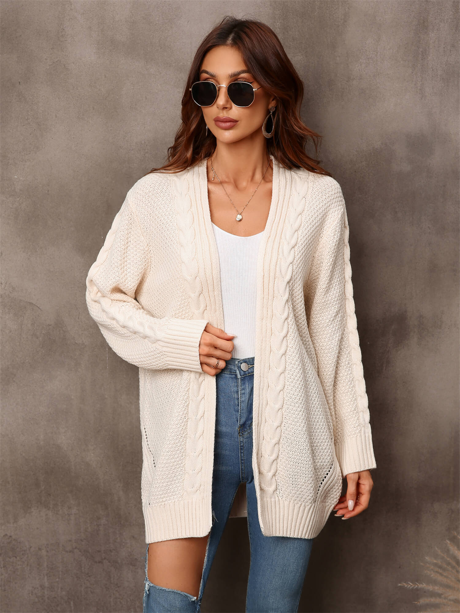 Warm Fall Mixed Knit Open Front Longline Cardigan-TOPS / DRESSES-[Adult]-[Female]-Cream-S-Blue Zone Planet