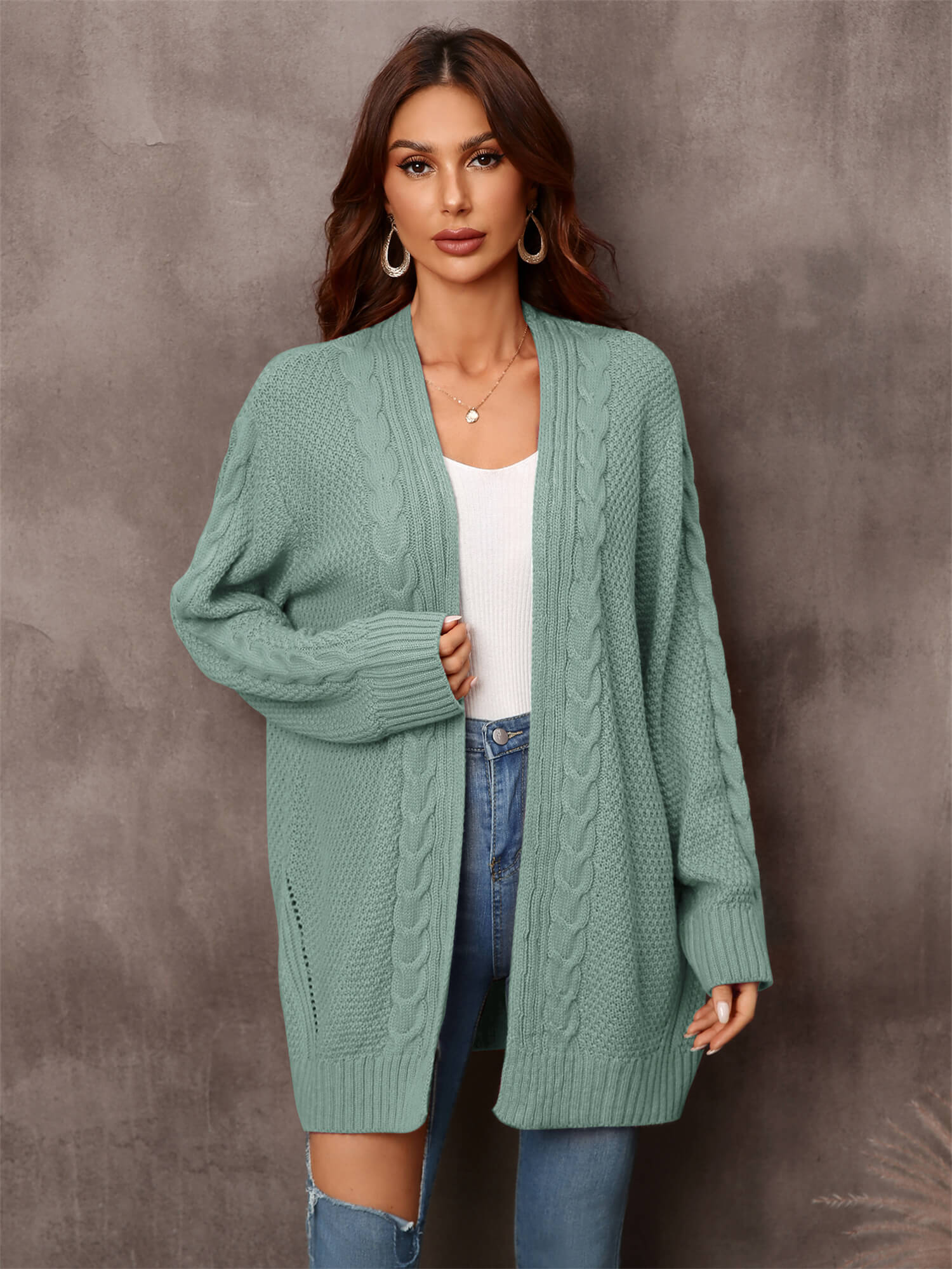 Warm Fall Mixed Knit Open Front Longline Cardigan-TOPS / DRESSES-[Adult]-[Female]-Mint-S-Blue Zone Planet
