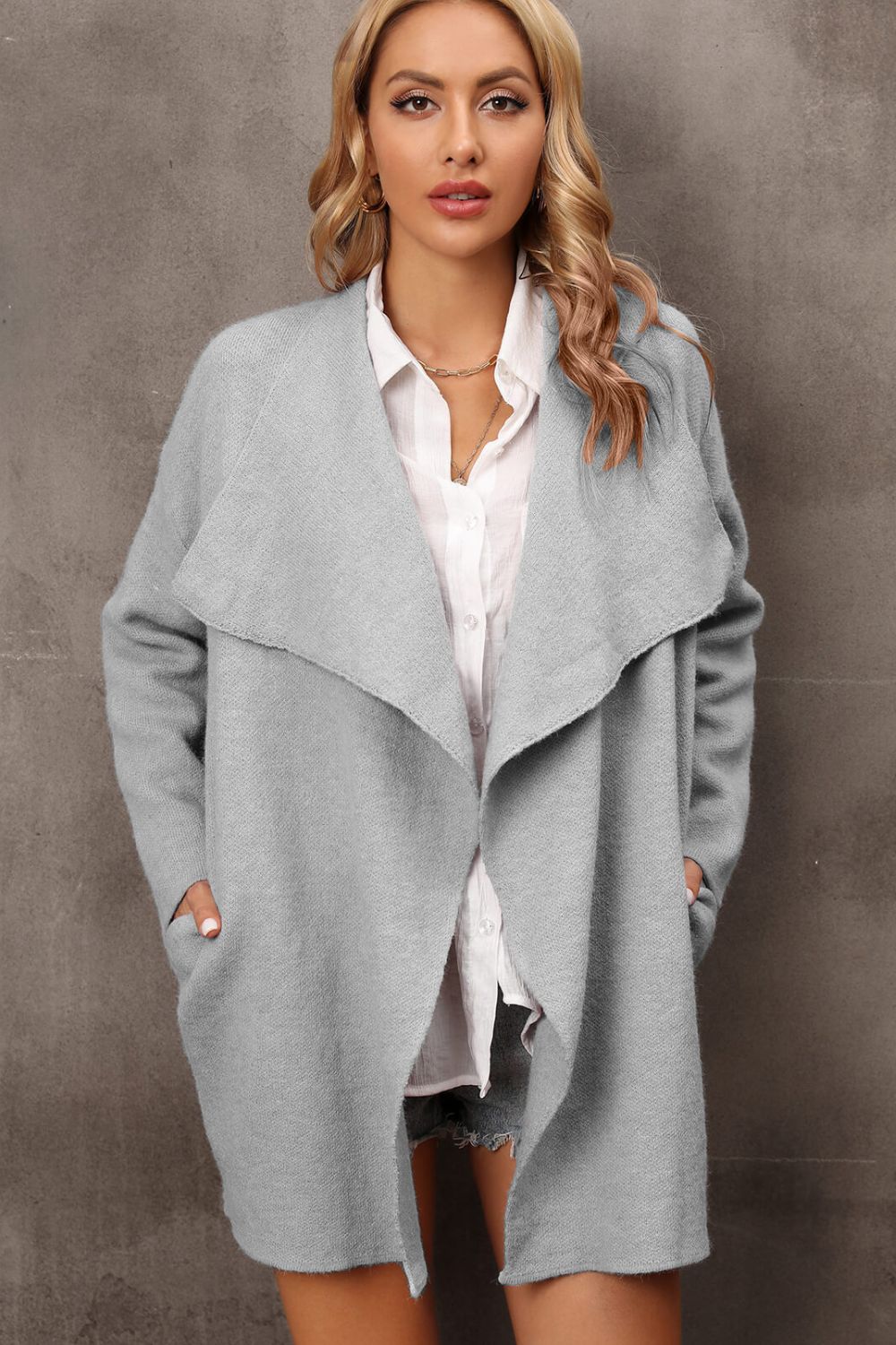 Waterfall Collar Longline Cardigan with Side Pockets BLUE ZONE PLANET