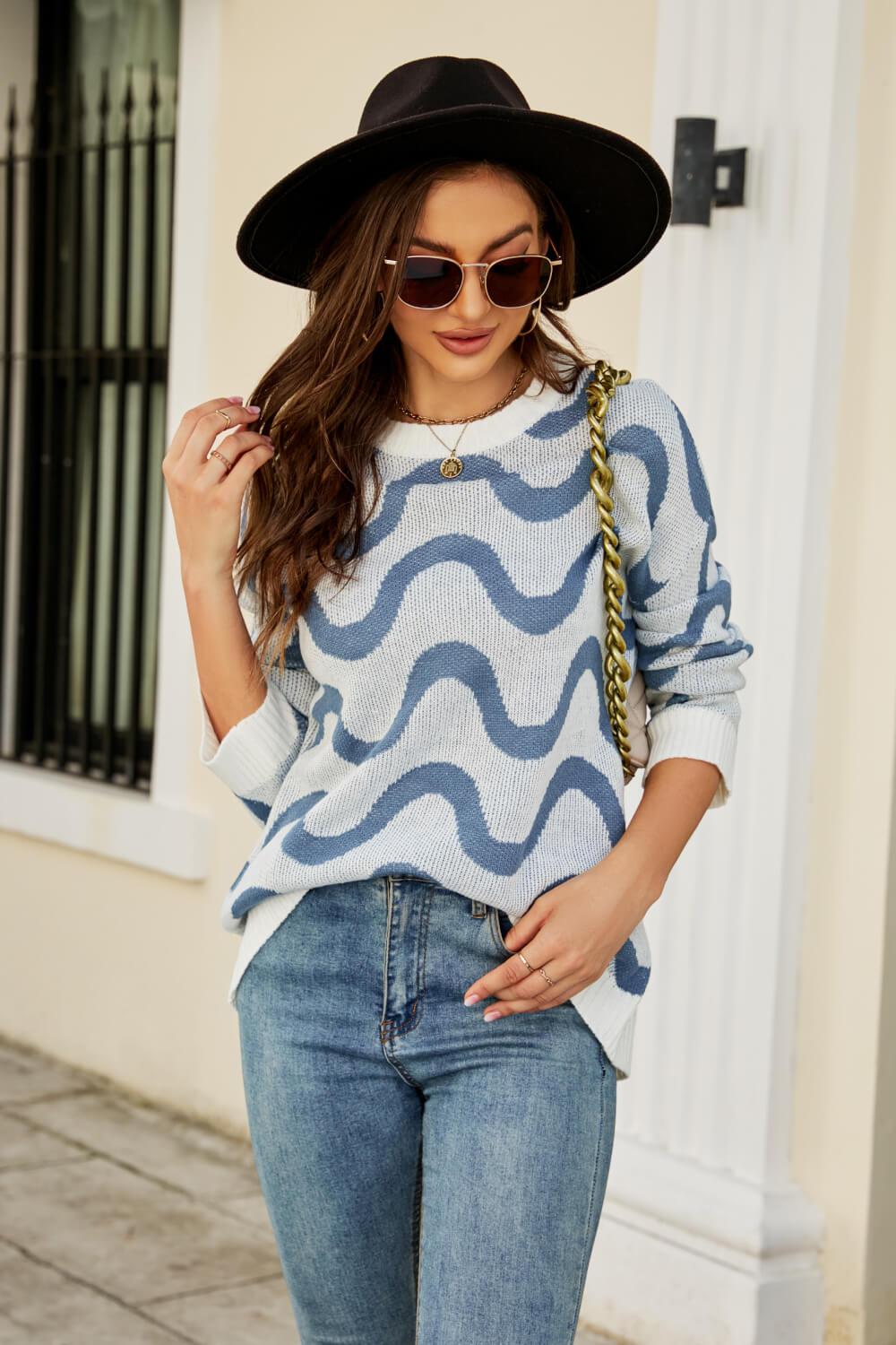 Wave Stripe Ribbed Trim Tunic Sweater BLUE ZONE PLANET