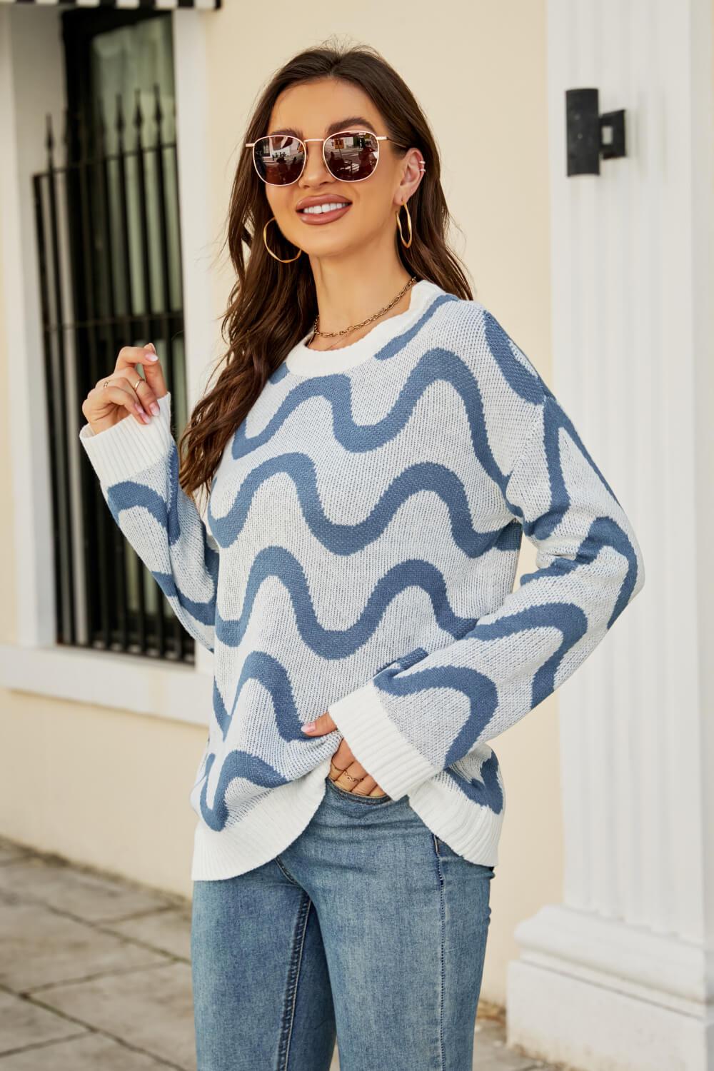 Wave Stripe Ribbed Trim Tunic Sweater BLUE ZONE PLANET