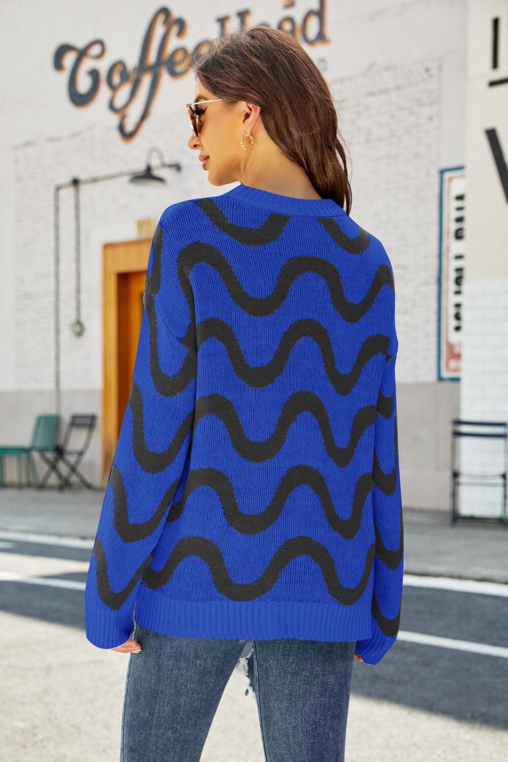 Wave Stripe Ribbed Trim Tunic Sweater BLUE ZONE PLANET