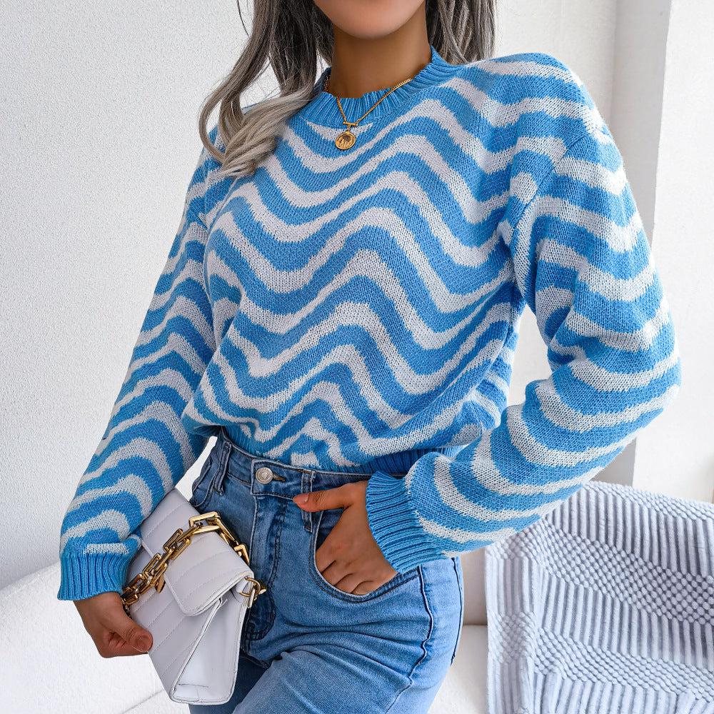 Wavy Stripe Dropped Shoulder Sweater-TOPS / DRESSES-[Adult]-[Female]-2022 Online Blue Zone Planet