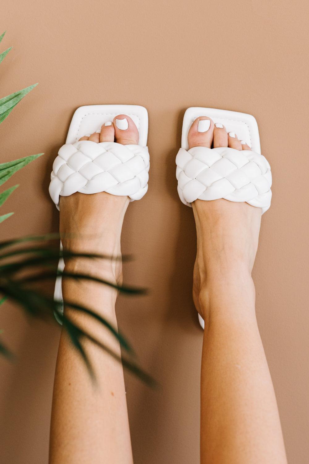 Weeboo Cakewalk Woven Square Toe Slides in White-TOPS / DRESSES-[Adult]-[Female]-Blue Zone Planet