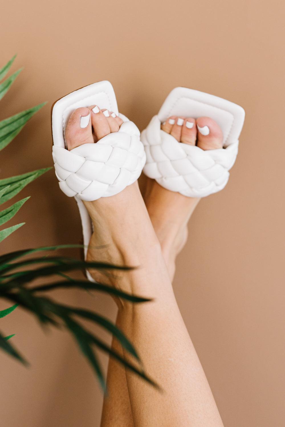 Weeboo Cakewalk Woven Square Toe Slides in White-TOPS / DRESSES-[Adult]-[Female]-Blue Zone Planet