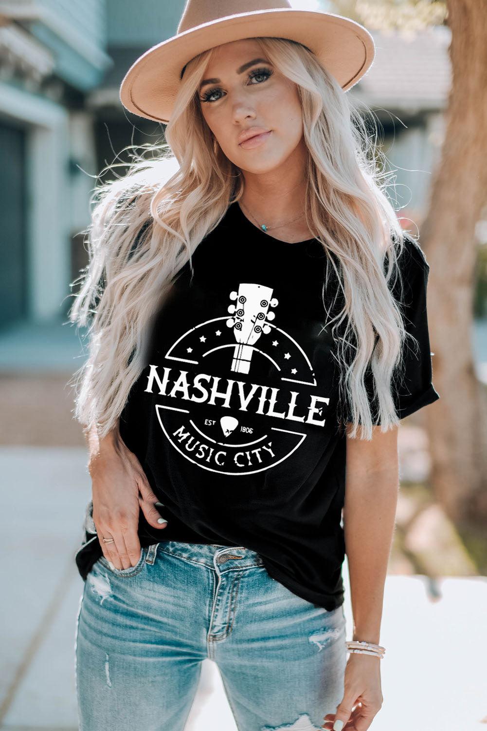 Western NASHVILLE MUSIC CITY Cuffed Graphic Tee Shirt BLUE ZONE PLANET