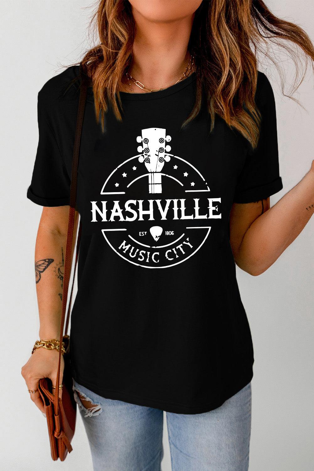 Western NASHVILLE MUSIC CITY Cuffed Graphic Tee Shirt BLUE ZONE PLANET