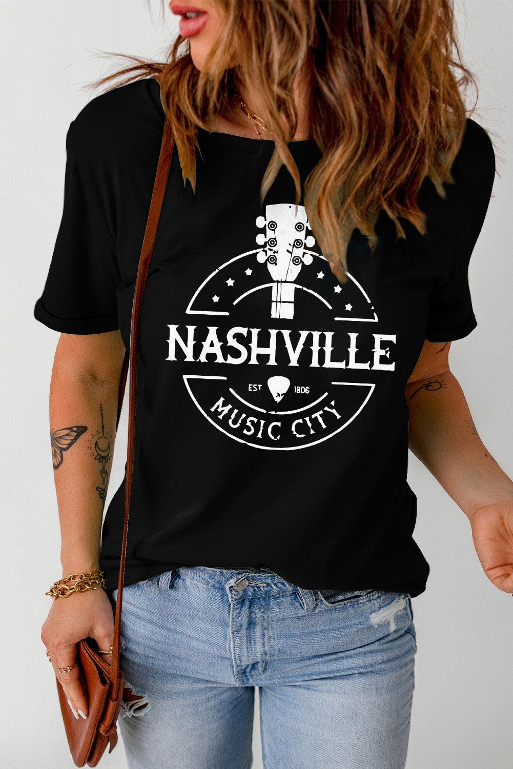 Western NASHVILLE MUSIC CITY Cuffed Graphic Tee Shirt BLUE ZONE PLANET