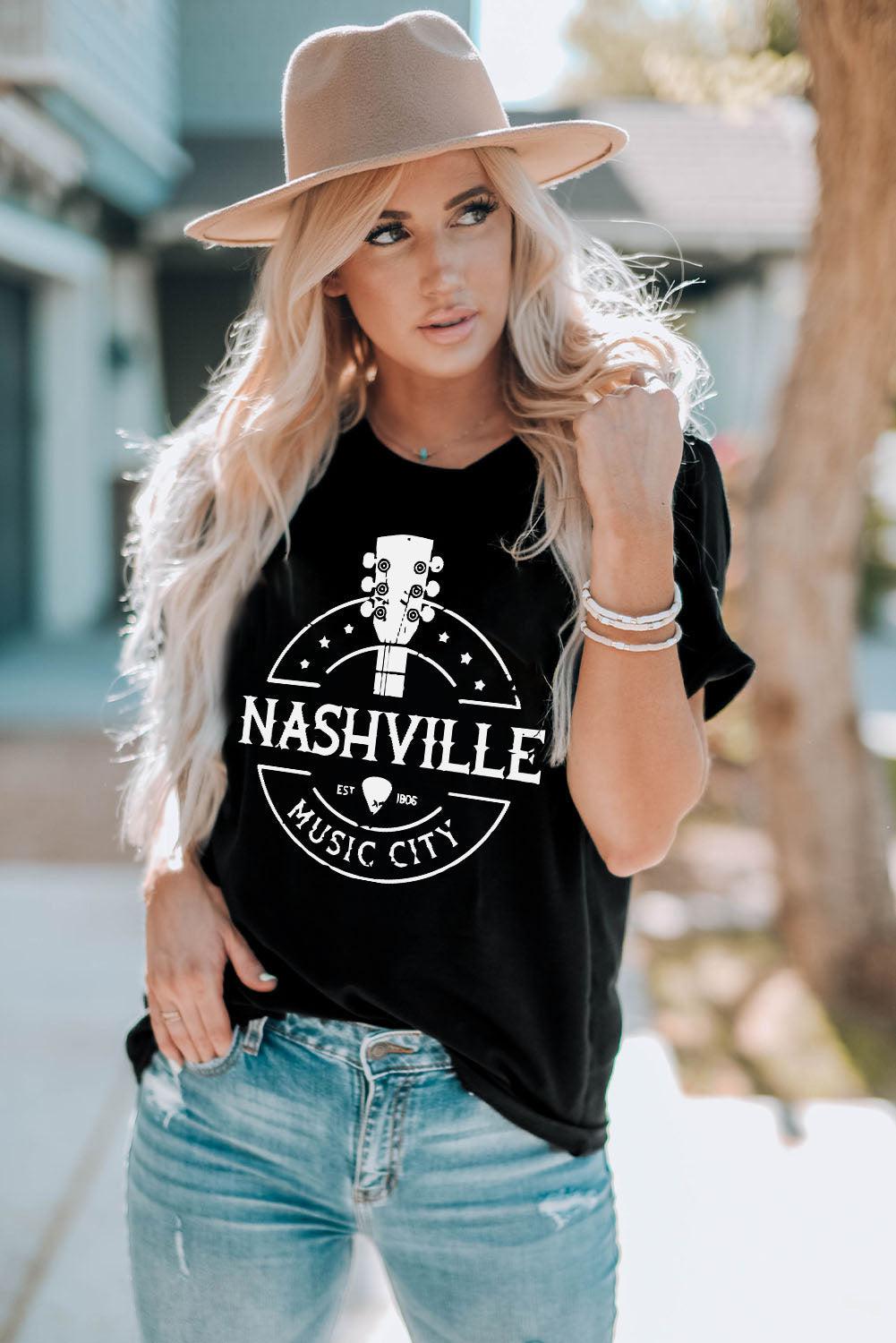 Western NASHVILLE MUSIC CITY Cuffed Graphic Tee Shirt BLUE ZONE PLANET