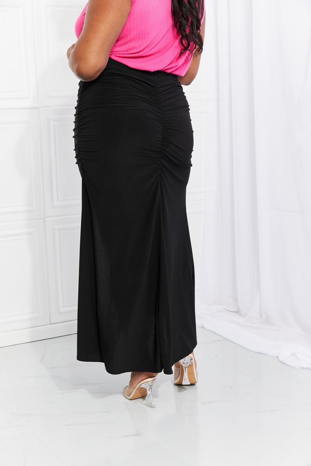 White Birch Full Size Up and Up Ruched Slit Maxi Skirt in Black-TOPS / DRESSES-[Adult]-[Female]-2022 Online Blue Zone Planet