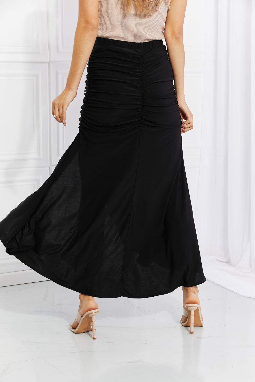 White Birch Full Size Up and Up Ruched Slit Maxi Skirt in Black BLUE ZONE PLANET