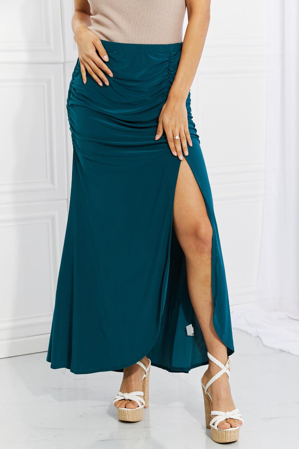 White Birch Full Size Up and Up Ruched Slit Maxi Skirt in Teal-TOPS / DRESSES-[Adult]-[Female]-Teal-S-2022 Online Blue Zone Planet
