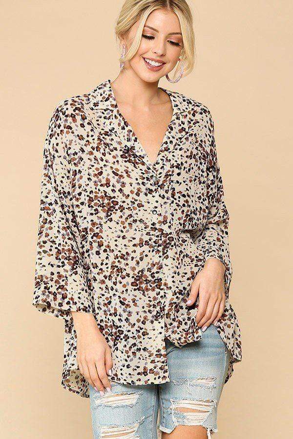 Wild Nature Print Button Down Lapel Collar Shirt With Chest Pocket-TOPS / DRESSES-[Adult]-[Female]-Cream Mix-S-Blue Zone Planet