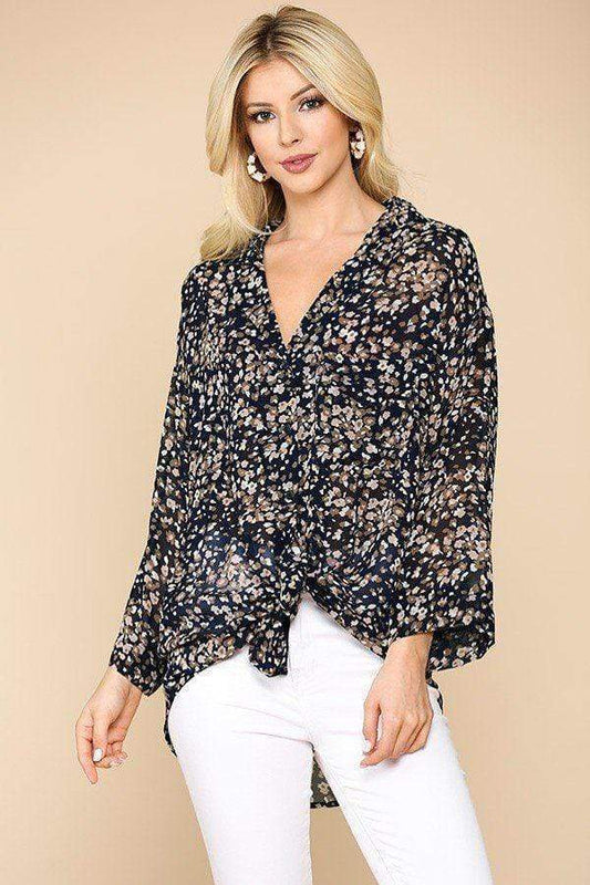 Wild Nature Print Button Down Lapel Collar Shirt With Chest Pocket-TOPS / DRESSES-[Adult]-[Female]-Navy Mix-S-Blue Zone Planet