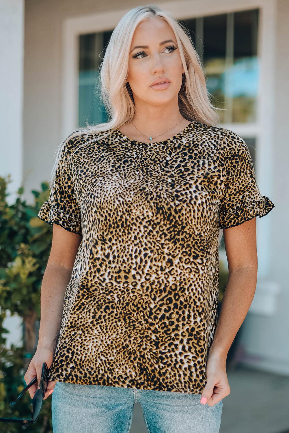 Women Leopard Short Flounce Sleeve Tee-TOPS / DRESSES-[Adult]-[Female]-Leopard-S-Blue Zone Planet