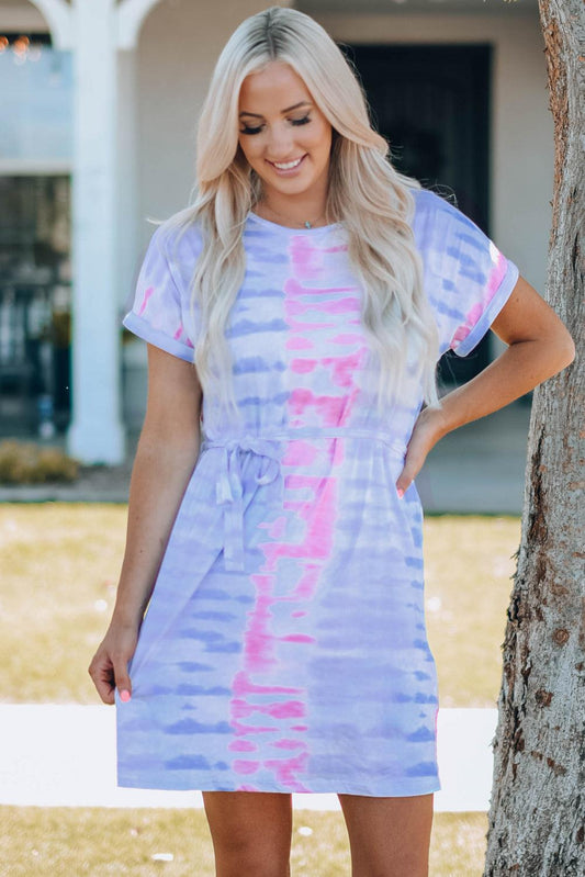 Women Tie-Dye Belted T-Shirt Dress BLUE ZONE PLANET