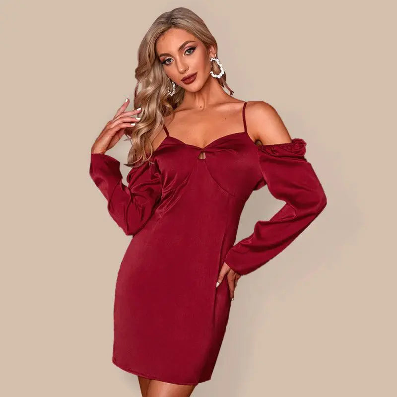 Women’s Silky Off The Shoulder Puffed Sleeve Mini Dress BLUE ZONE PLANET