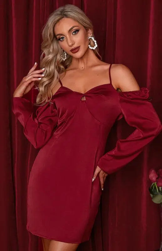 Women’s Silky Off The Shoulder Puffed Sleeve Mini Dress BLUE ZONE PLANET