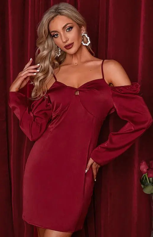 Women’s Silky Off The Shoulder Puffed Sleeve Mini Dress BLUE ZONE PLANET