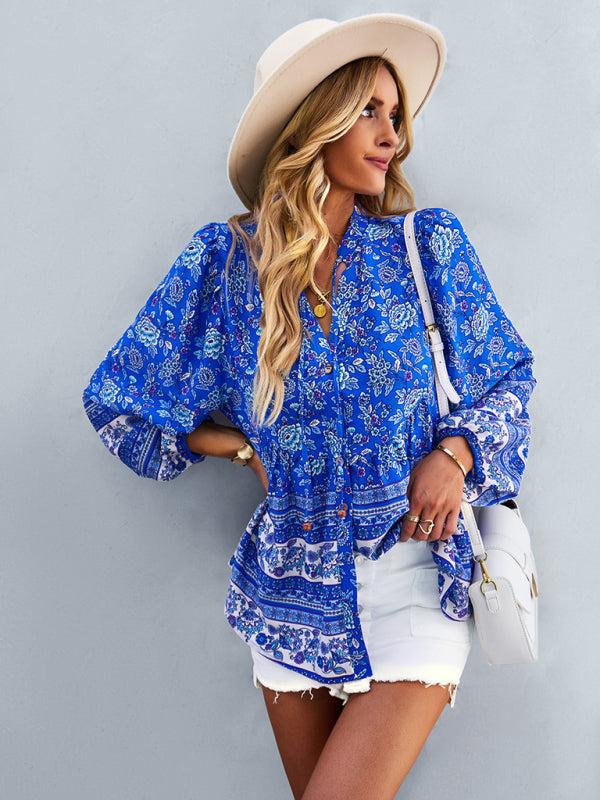 Women's Bohemian Long Sleeved Top-TOPS / DRESSES-[Adult]-[Female]-Blue-S-Blue Zone Planet