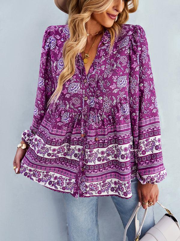 Women's Bohemian Long Sleeved Top-TOPS / DRESSES-[Adult]-[Female]-Purple-S-Blue Zone Planet