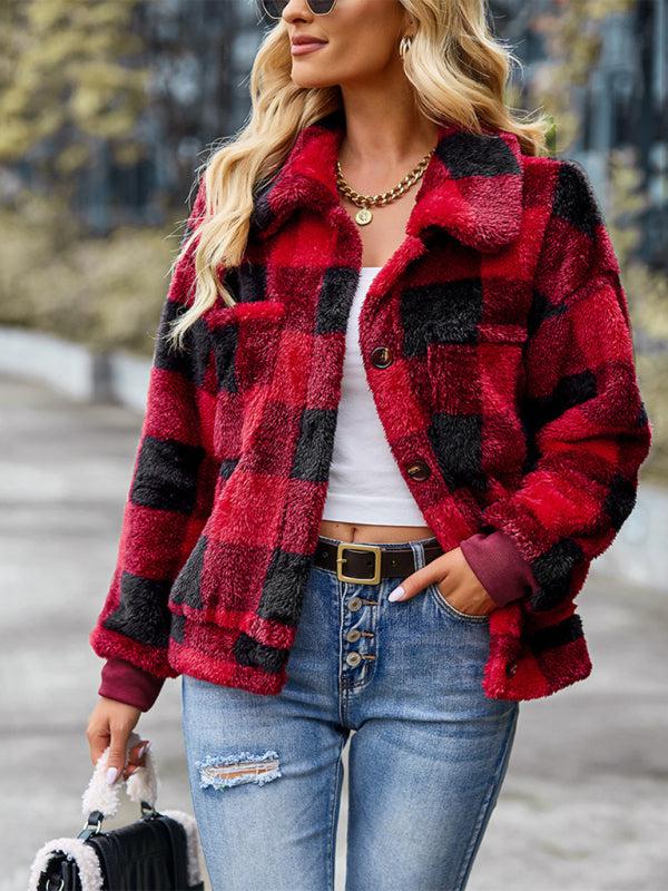 Women's Casual Plaid Long Sleeve Fleece Jacket-TOPS / DRESSES-[Adult]-[Female]-Red-S-Blue Zone Planet