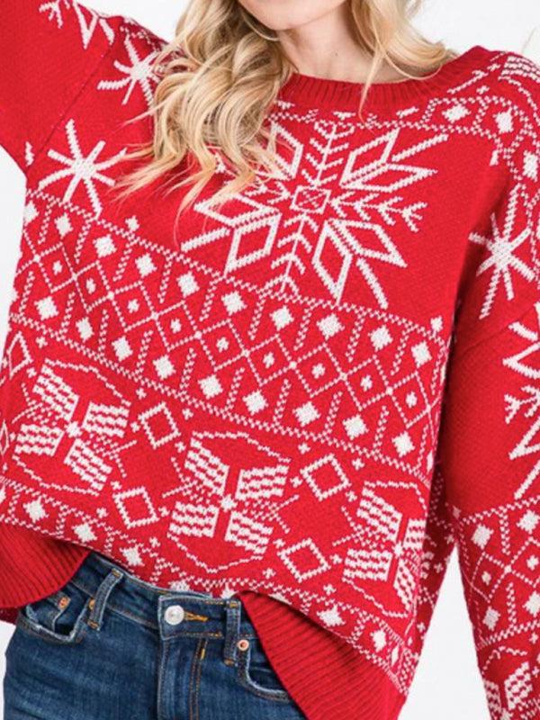 Women's Christmas Crew Neck Drop Shoulder Sleeve Sweater-TOPS / DRESSES-[Adult]-[Female]-Blue Zone Planet