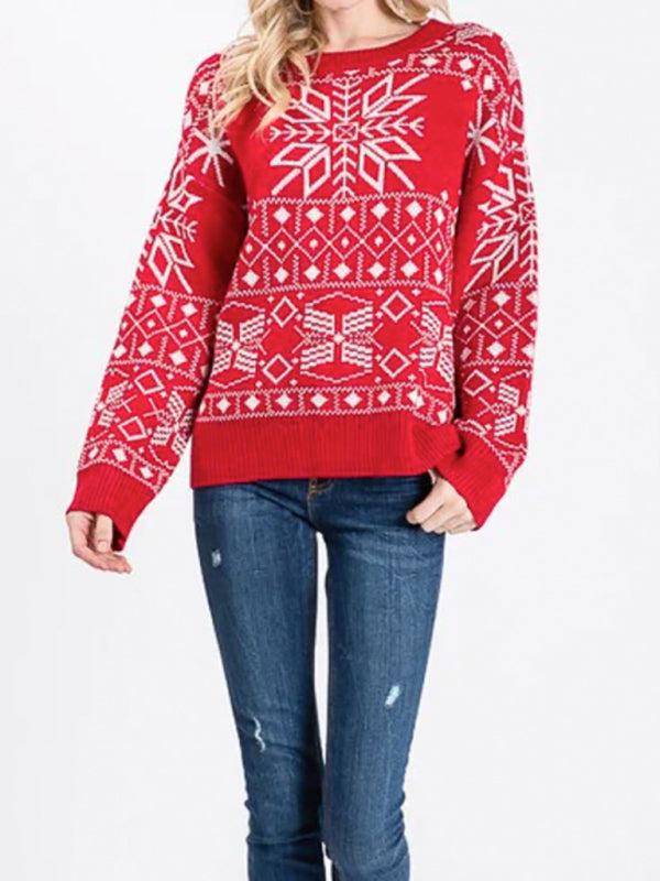 Women's Christmas Crew Neck Drop Shoulder Sleeve Sweater-TOPS / DRESSES-[Adult]-[Female]-Pattern-S-Blue Zone Planet