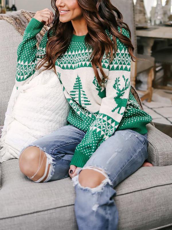 Women's Christmas Crew Neck Long Sleeve Sweater-TOPS / DRESSES-[Adult]-[Female]-Blue Zone Planet