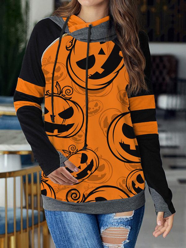 Women's Halloween Print Contrast Raglan Sleeve Top BLUE ZONE PLANET