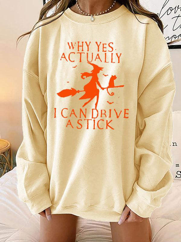 Women's Halloween Witch letter print loose round neck falling shoulder long sleeve sweater-[Adult]-[Female]-Cracker khaki-S-Blue Zone Planet