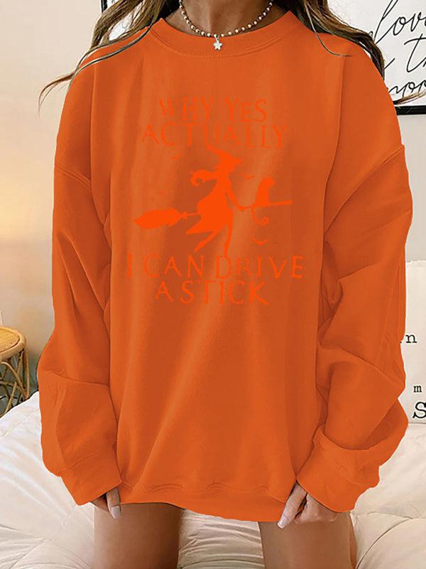 Women's Halloween Witch letter print loose round neck falling shoulder long sleeve sweater-[Adult]-[Female]-Orange-S-Blue Zone Planet
