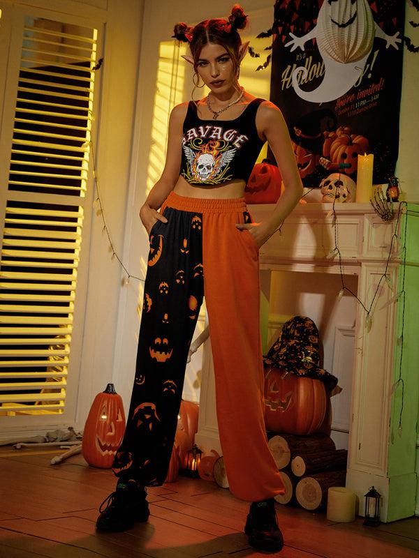 Women's Halloween casual patchwork print shows the trend of thin pants-[Adult]-[Female]-Orange-S-Blue Zone Planet
