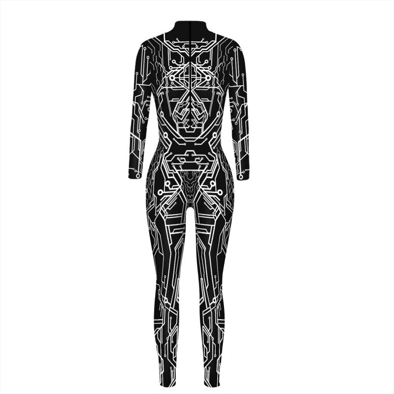Women's Halloween skeleton digital print playmaker tight-fitting shapewear jumpsuit-[Adult]-[Female]-Pattern-S-Blue Zone Planet