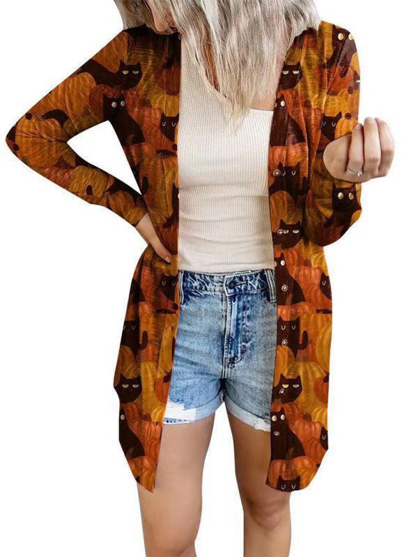 Women's Halloween-themed printed jacket cardigan-TOPS / DRESSES-[Adult]-[Female]-Orange-S-Blue Zone Planet