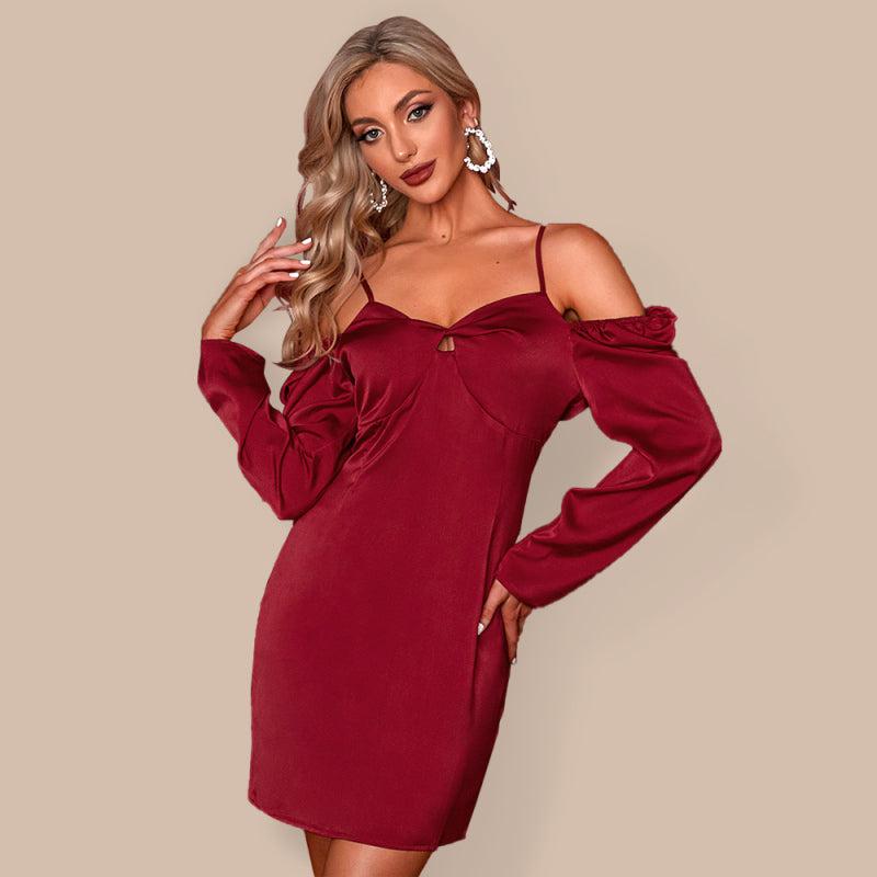 Women’s Silky Off The Shoulder Puffed Sleeve Mini Dress-TOPS / DRESSES-[Adult]-[Female]-2022 Online Blue Zone Planet