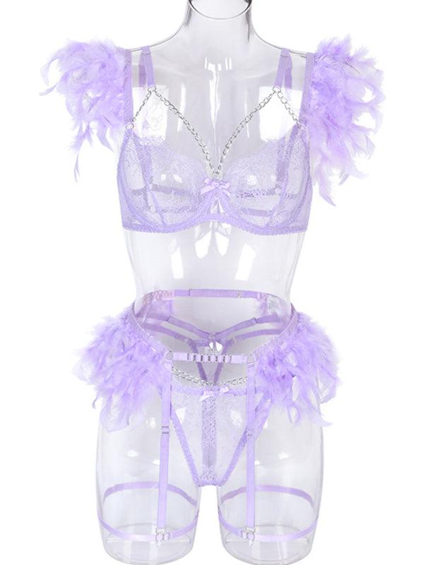Women's Solid Color Sexy Faux Feather Cold Sweat 3 Piece Sexy Lingerie BLUE ZONE PLANET