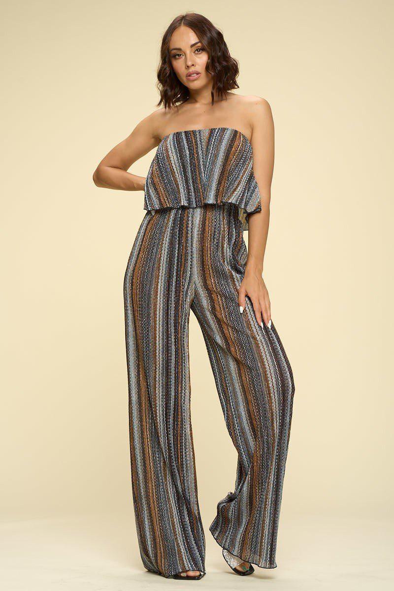 Womens Two Piece Set Flowy Strapless Crop Top, High Waist Palazzo Pants-[Adult]-[Female]-Blue Zone Planet