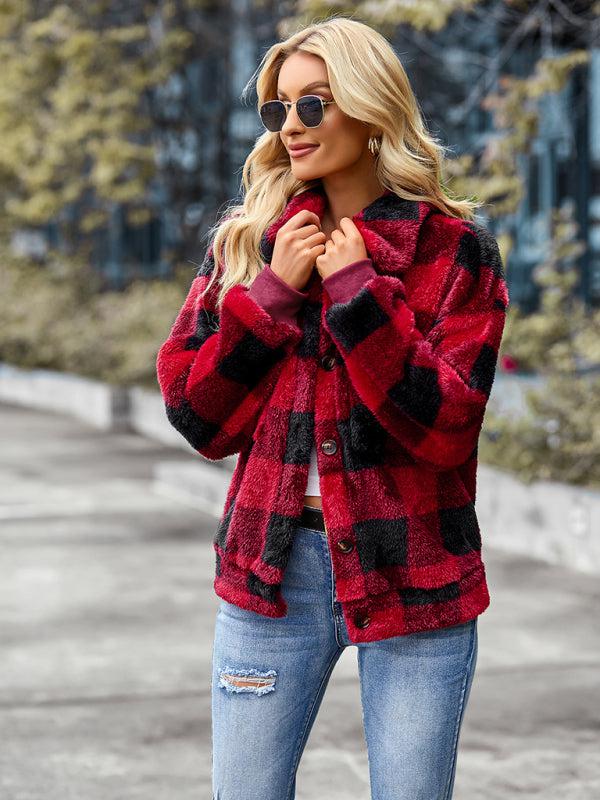Women's fashion casual Plaid velvet jacket-TOPS / DRESSES-[Adult]-[Female]-Blue Zone Planet
