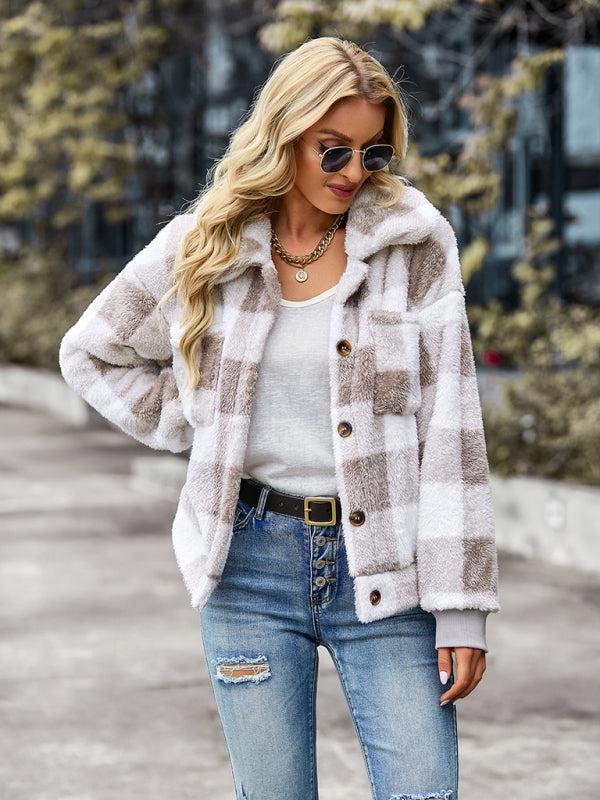 Women's fashion casual Plaid velvet jacket-TOPS / DRESSES-[Adult]-[Female]-Blue Zone Planet