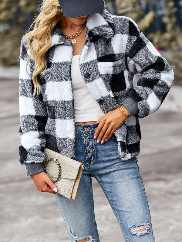 Women's fashion casual Plaid velvet jacket-TOPS / DRESSES-[Adult]-[Female]-Blue Zone Planet