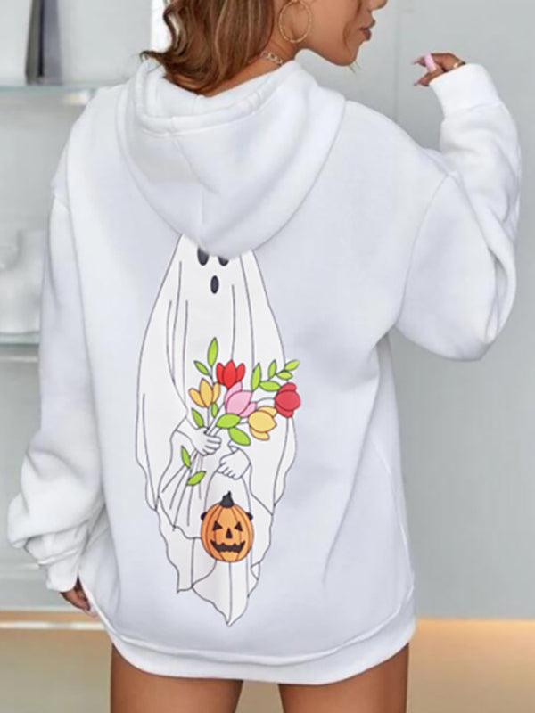 Women's sweatshirt Halloween print loose mid-length section pullover hooded-[Adult]-[Female]-Blue Zone Planet
